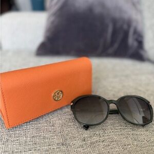 Green Warby Parker Sunglasses and Orange Tory Burch Sunglasses Case